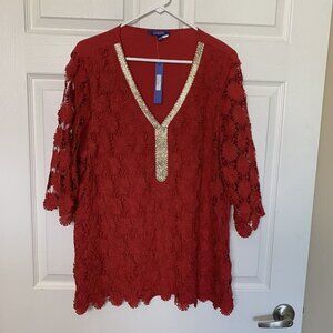 Colette Collection 3XL Red Embellished Crochet 3/4 Sleeve V- Neck Top Blouse